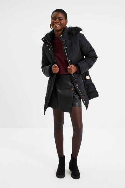 Doudoune ceintur&eacute;e mi-longue &agrave; capuche noir femme