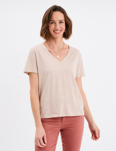 T-shirt manches courtes col en V coton beige femme