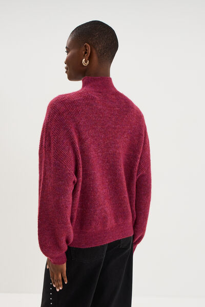 Pull col montant manches longues amples rouge fonc&eacute; femme
