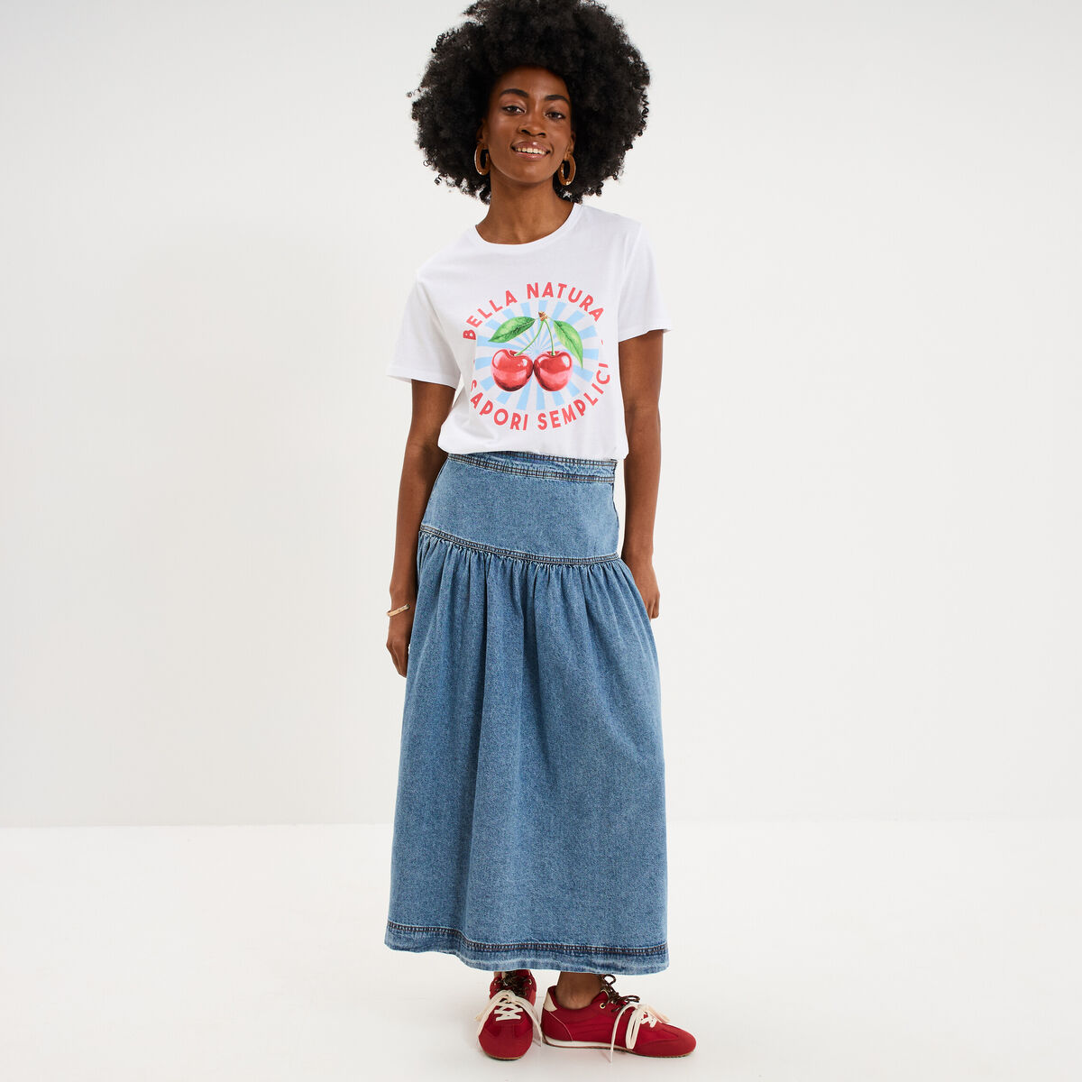 Jupe longue en jean large coton denim stone femme