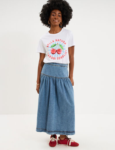 Jupe longue en jean large coton denim stone femme
