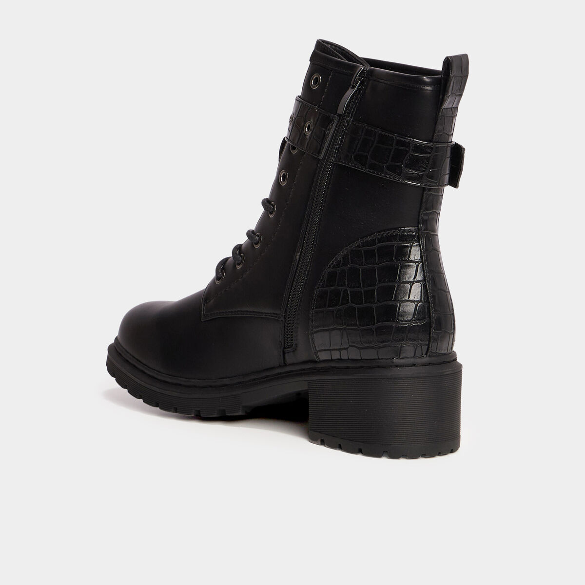 Bottines croco crant&eacute;es avec boucles noir femme