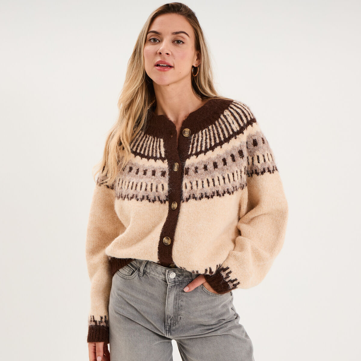 Gilet col rond manches longues beige femme