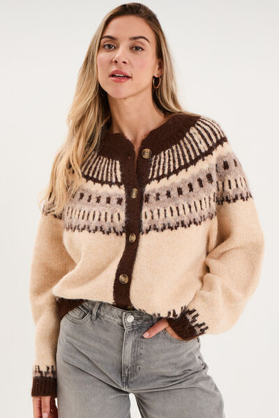 Gilet col rond manches longues beige femme