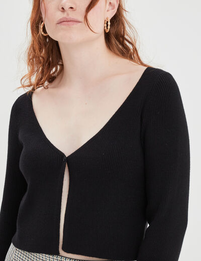 Gilet court manches longues col en V noir femme