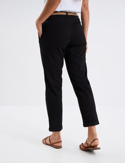 Pantalon chino 7/8ème ceinture tressée noir femme