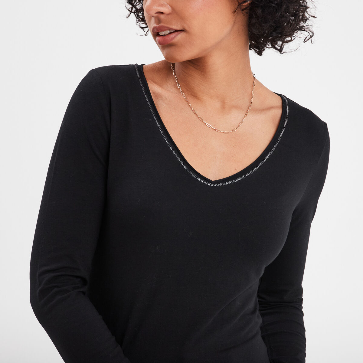 T-shirt manches longues col en V coton noir femme