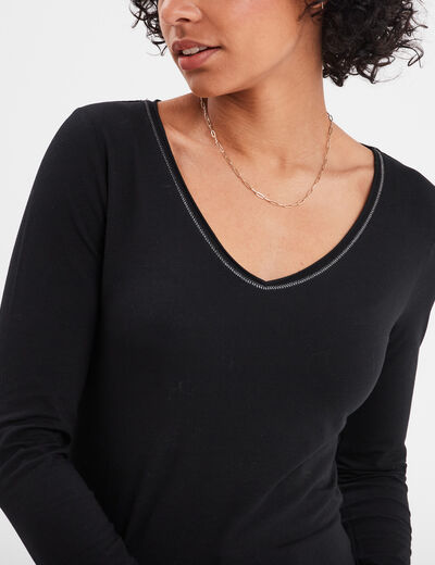 T-shirt manches longues col en V coton noir femme