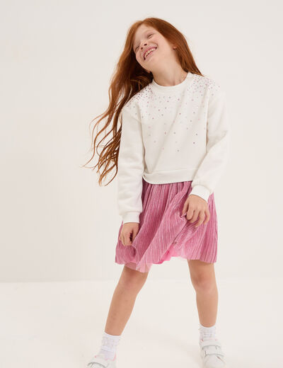 Robe sweat à strass avec tulle ivoire fille