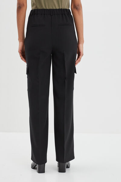 Pantalon large cargo à pinces noir femme