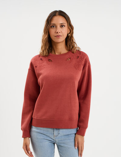 Sweat ajour&eacute; avec broderie col rond vieux rose femme