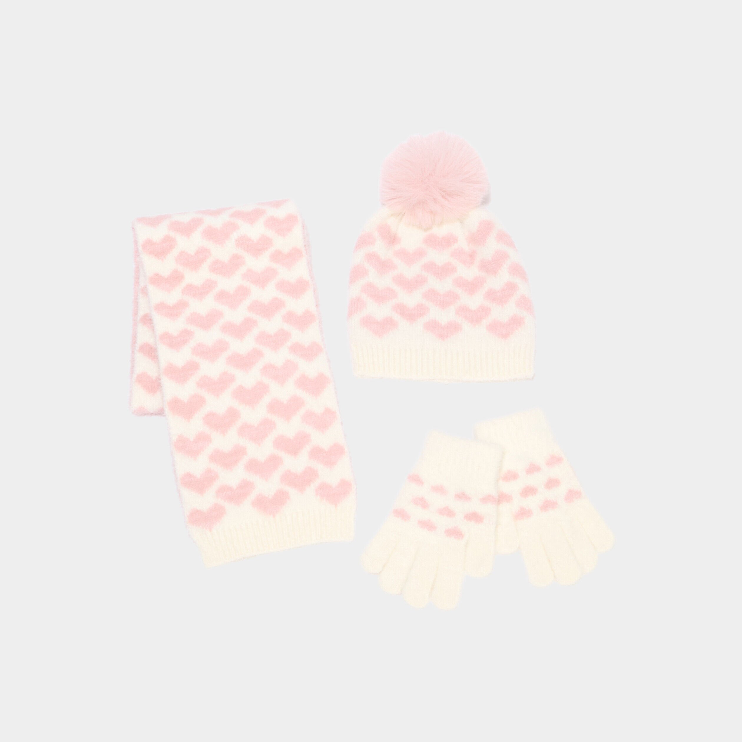 Ensemble écharpe, bonnet et gants rose fille LH