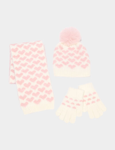 Ensemble &eacute;charpe, bonnet et gants rose fille
