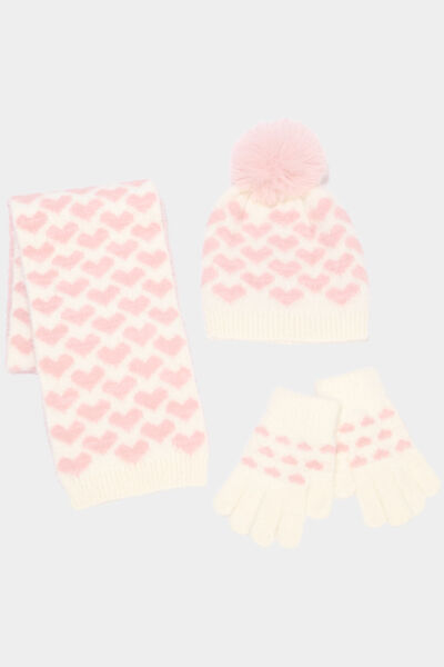 Ensemble &eacute;charpe, bonnet et gants rose fille