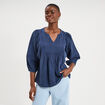 Blouse brod&eacute;e manches 3/4 gaze de coton bleu marine femme