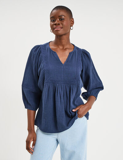 Blouse brod&eacute;e manches 3/4 gaze de coton bleu marine femme
