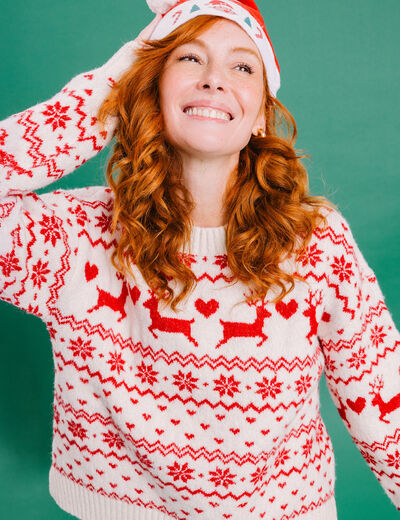 Pull de No&euml;l manches longues ecru femme