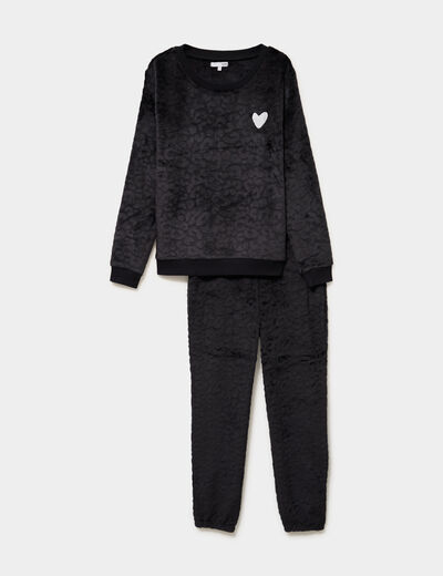 Ensemble pyjama effet polaire col rond noir femme