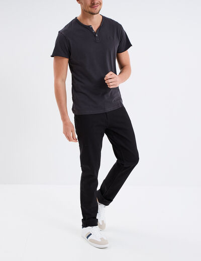 T-shirt col tunisien manches courte gris fonc&eacute; homme