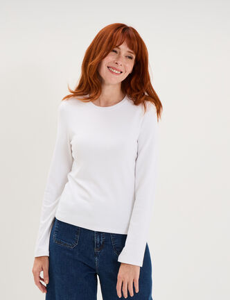T-shirt manches longues col rond ajust&eacute; blanc femme
