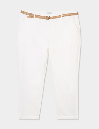 Pantalon chino cigarette ceinturé coton blanc femme grande taille
