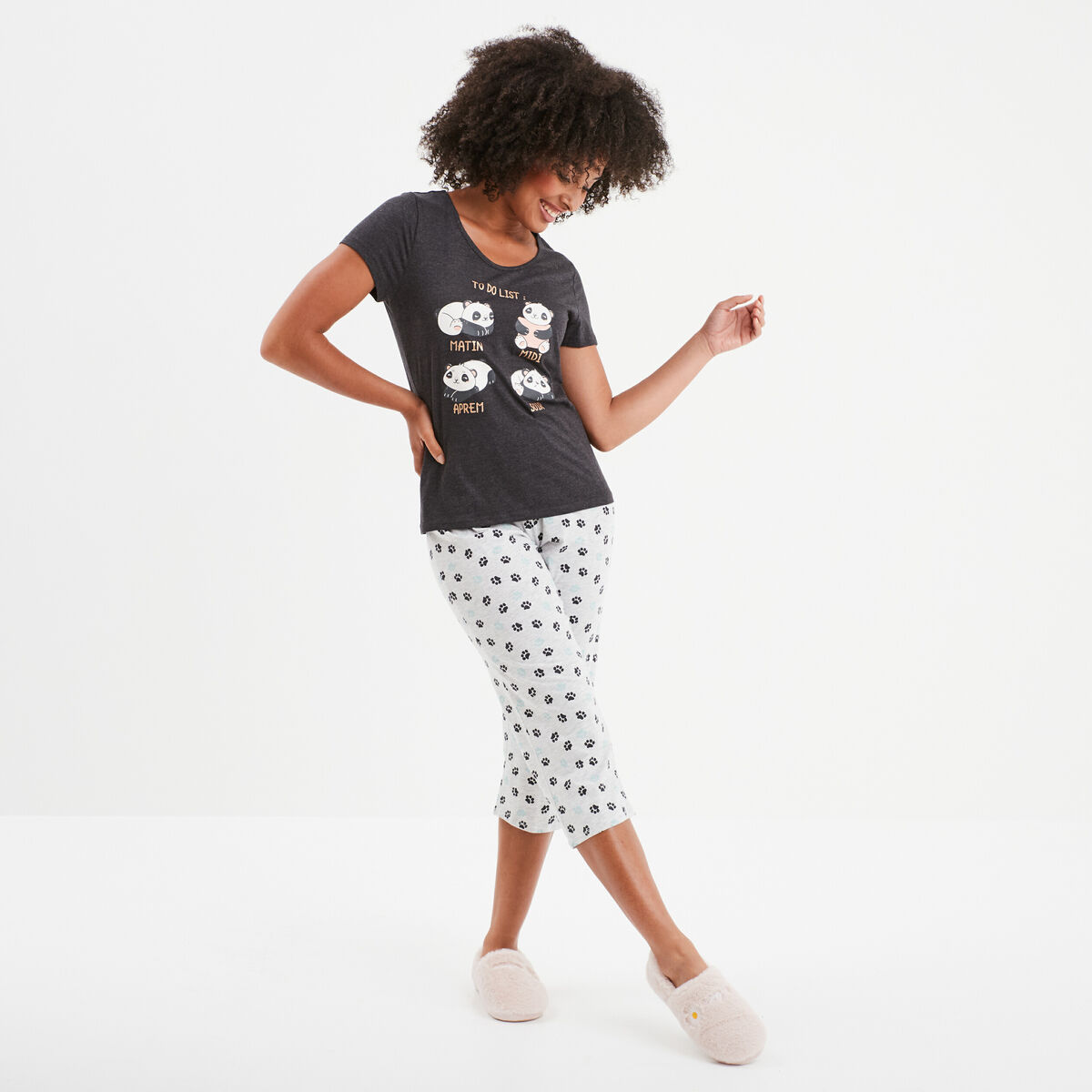 Ensemble pyjama corsaire t-shirt coton gris foncé femme