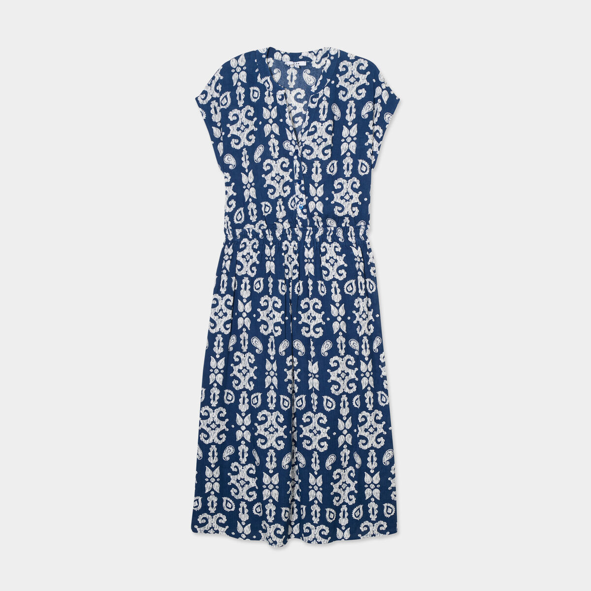 Robe midi crépon col tunisien bleu marine femme