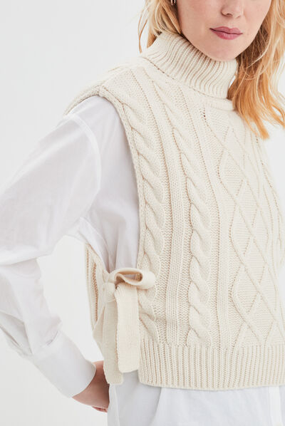 Poncho à noeuds col roulé sans manches sable femme