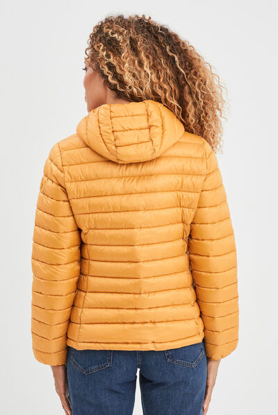 Doudoune légère droite à capuche jaune moutarde femme