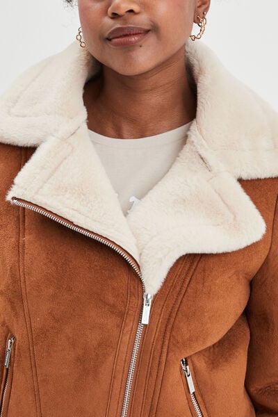 Veste col aviateur zipp&eacute;e doubl&eacute;e camel femme
