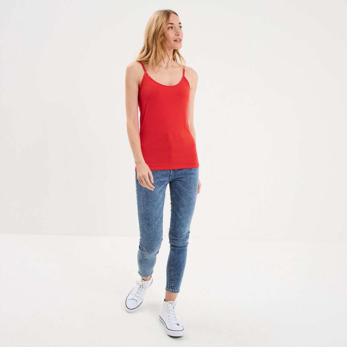 D&eacute;bardeur coton bretelles r&eacute;glables rouge femme