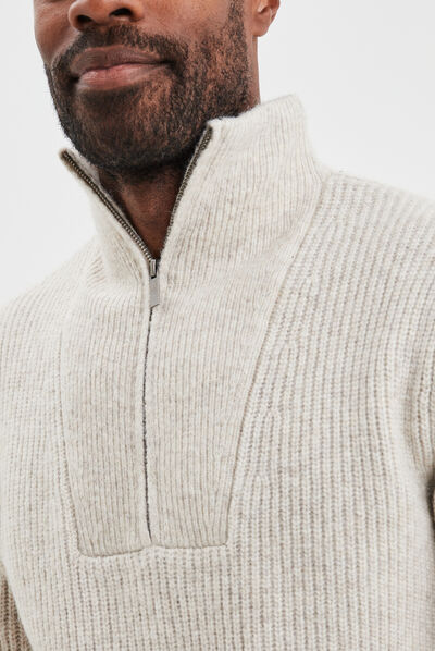 Pull avec col camionneur côtelé beige homme