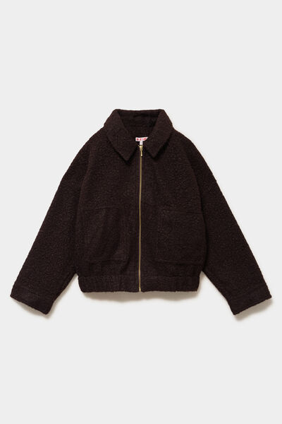 Veste bouclette oversize col tailleur marron fonc&eacute; femme