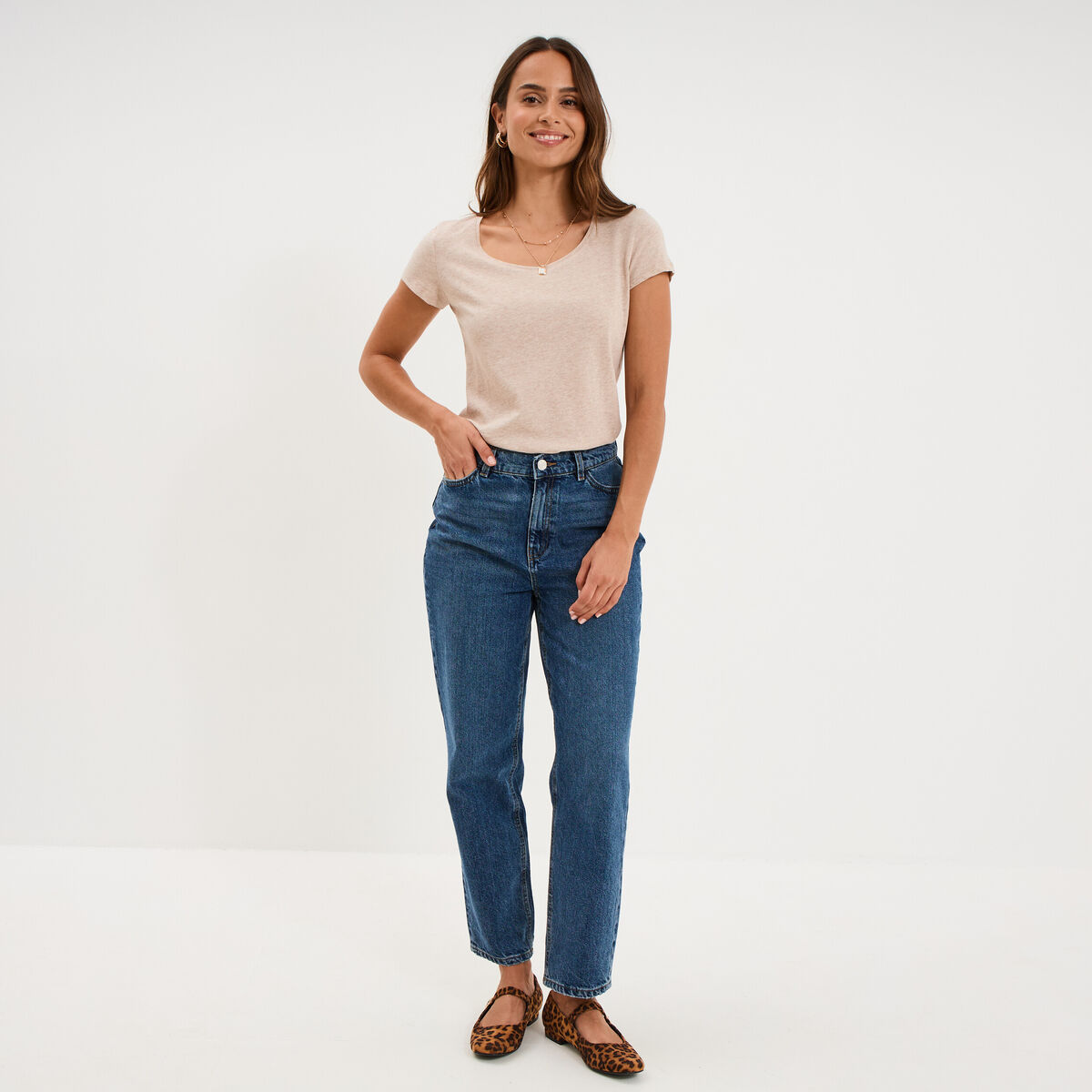 T-shirt coton col rond manches courtes beige femme