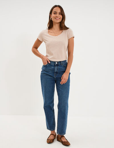 T-shirt coton col rond manches courtes beige femme