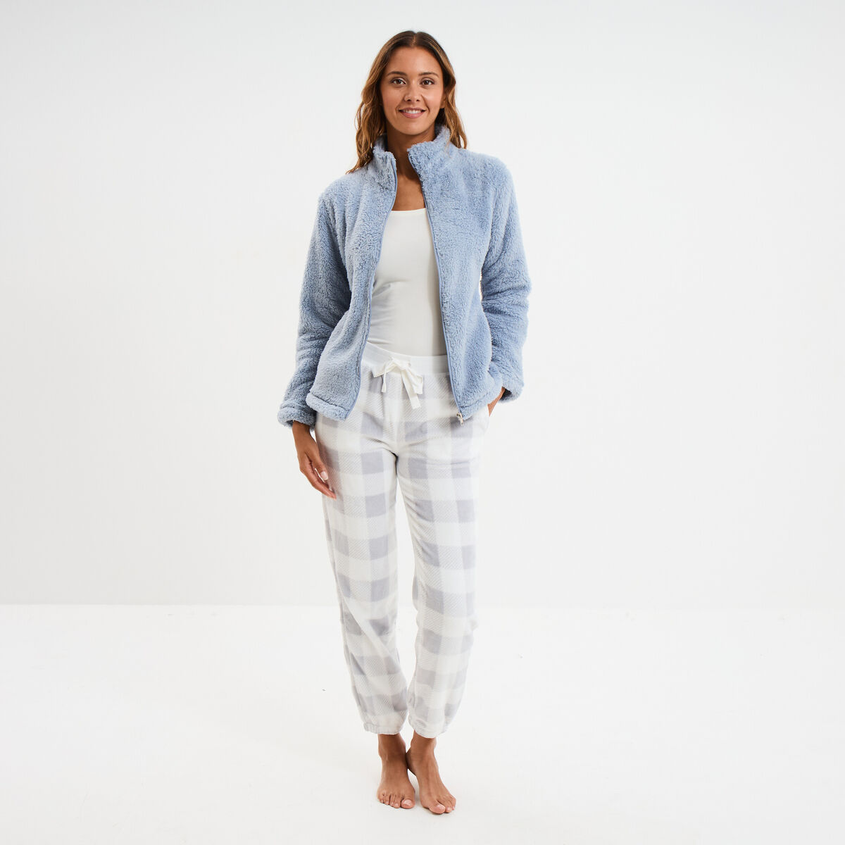 Veste effet polaire col montant bleu gris femme