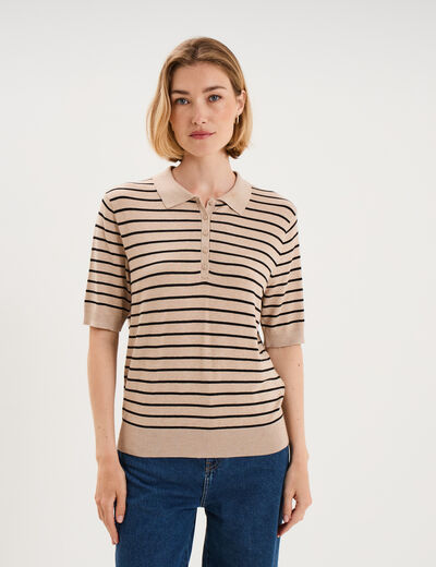 Pull col polo manches courtes beige clair femme