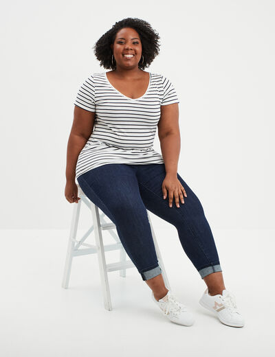 T-shirt col en V manches courtes coton ecru femme grande taille