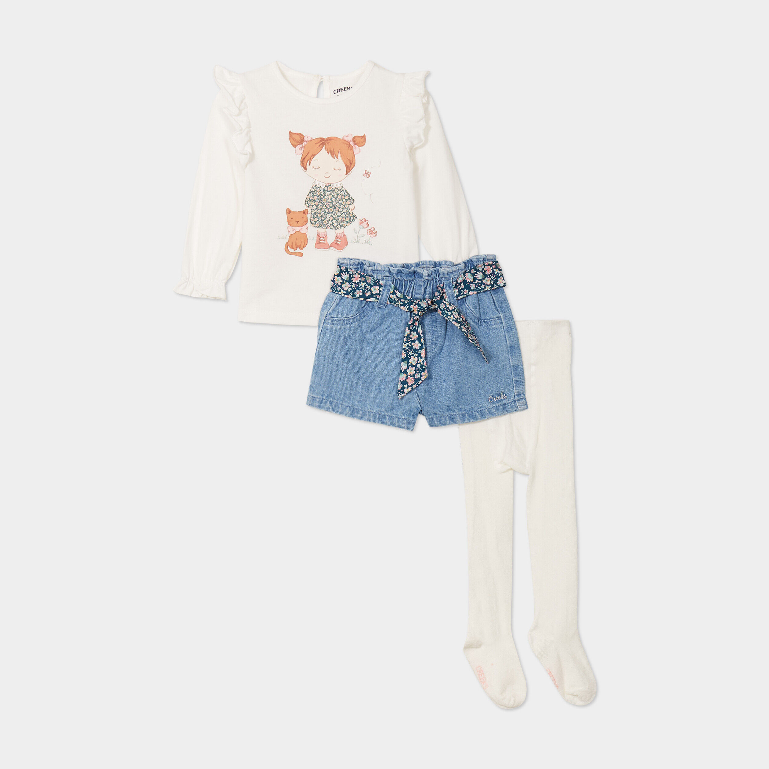 Ensemble 3 pièces avec short en jean blanc bébé fille CREEKS