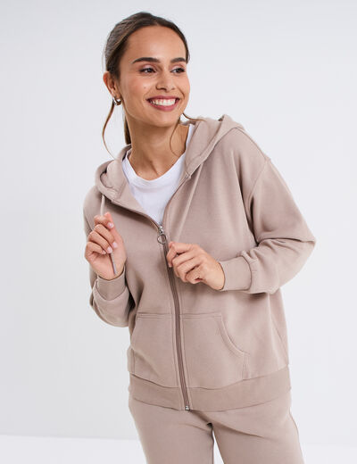 Sweat zippé à capuche beige femme