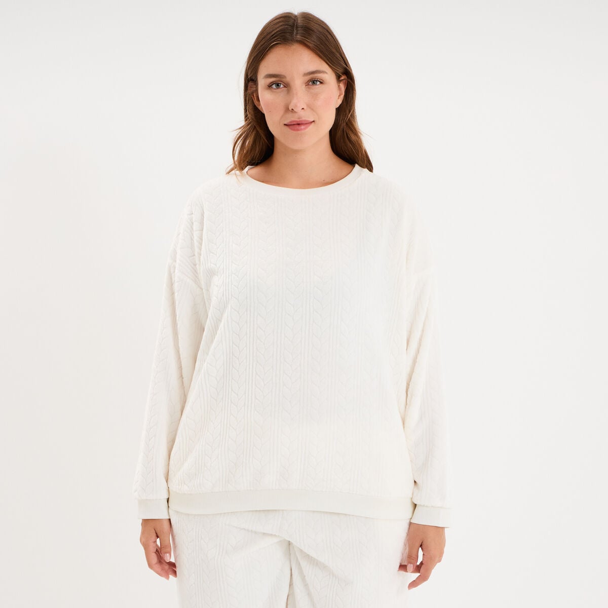 Sweat d&eacute;tails torsades manches longues blanc femme grande taille