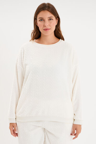 Sweat d&eacute;tails torsades manches longues blanc femme grande taille