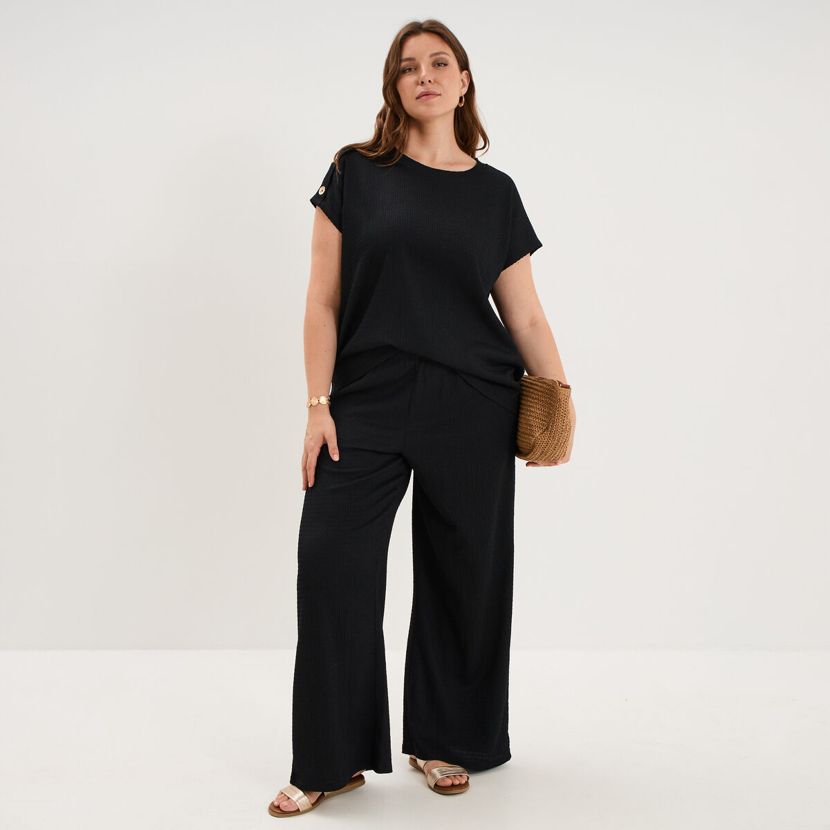Pantalon effet gaufr&eacute; fluide noir femme grande taille