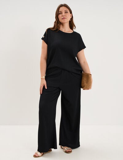 Pantalon effet gaufr&eacute; fluide noir femme grande taille
