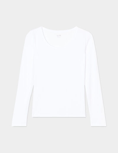 T-shirt coton col rond manches longues blanc femme