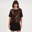 T-shirt &agrave; sequins manches courtes marron fonc&eacute; femme