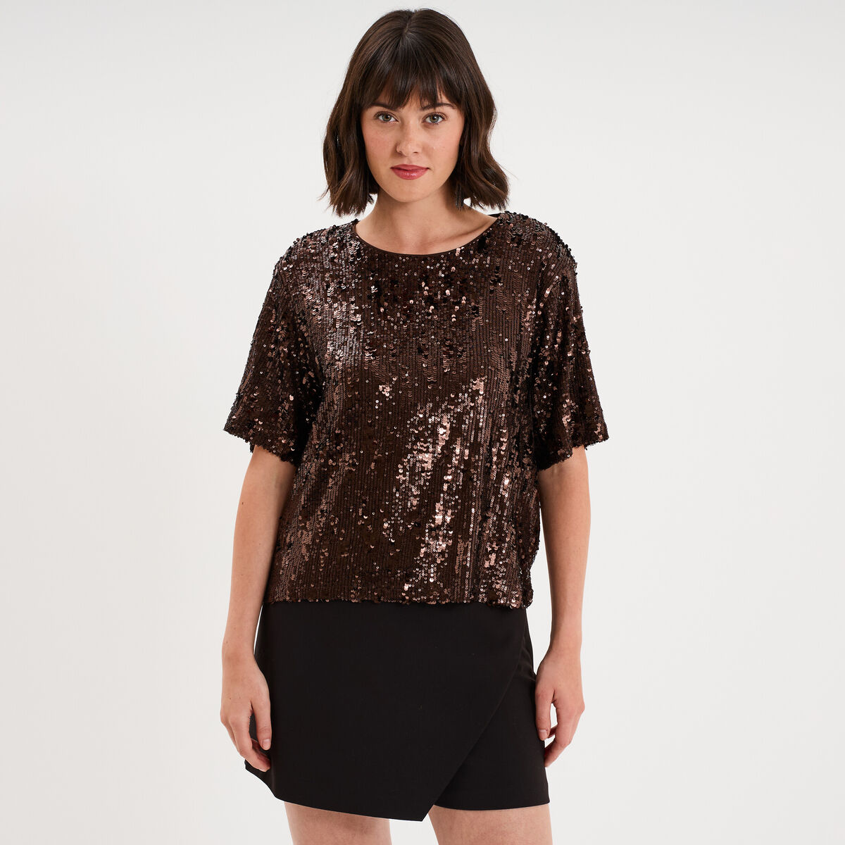 T-shirt &agrave; sequins manches courtes marron fonc&eacute; femme