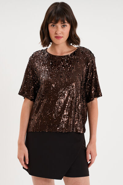 T-shirt &agrave; sequins manches courtes marron fonc&eacute; femme