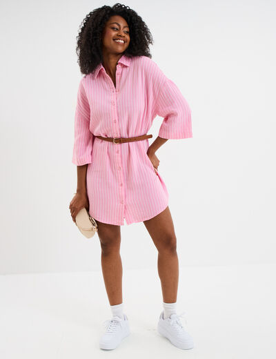 Robe chemise manches 3/4 gaze de coton rose vif femme
