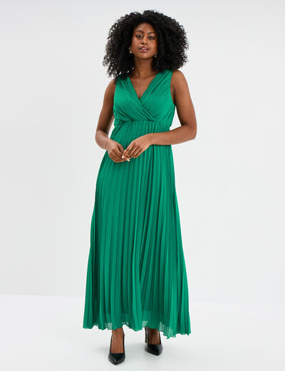 Robe longue plissée sans manches col V vert émeraude femme